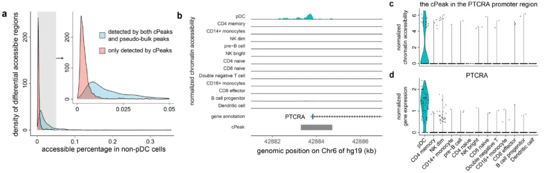 cPeak在识别罕见pDC细胞特异性染色质可及性区域中的优势