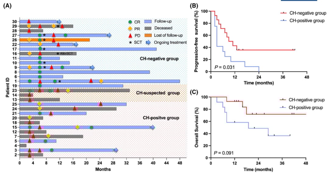 滤泡辅助性T细胞淋巴瘤（TFHL）患者中克隆性造血（CH）阳性与阴性组的无进展生存期（PFS）对比曲线图