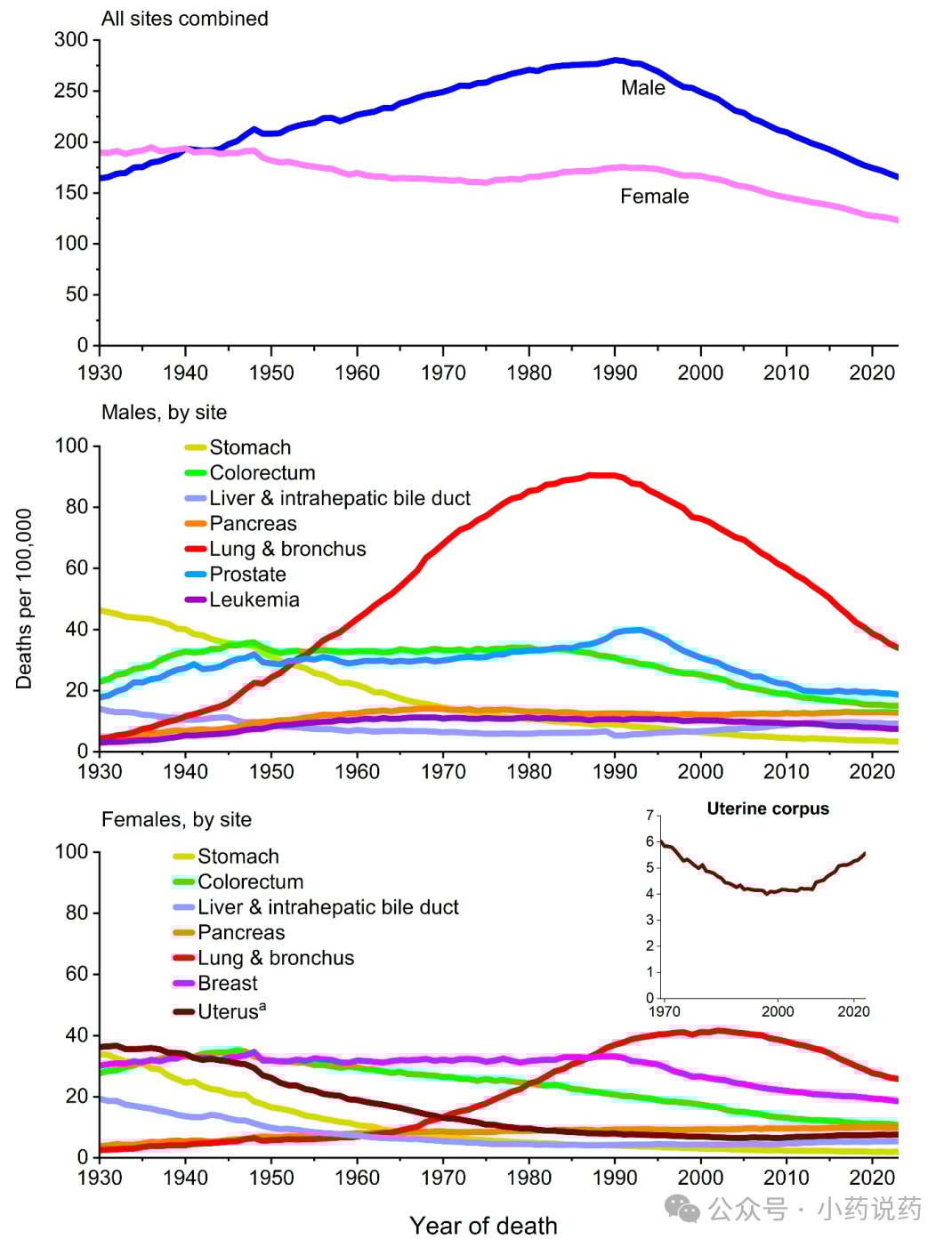 1930年至2023年美国按性别划分的癌症死亡率趋势下降曲线图