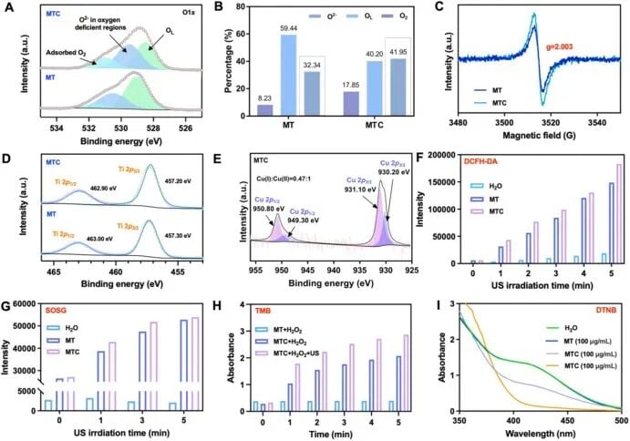 铜掺杂二氧化钛外壳在超声下增强声动力产生ROS并耗竭GSH的实验结果图