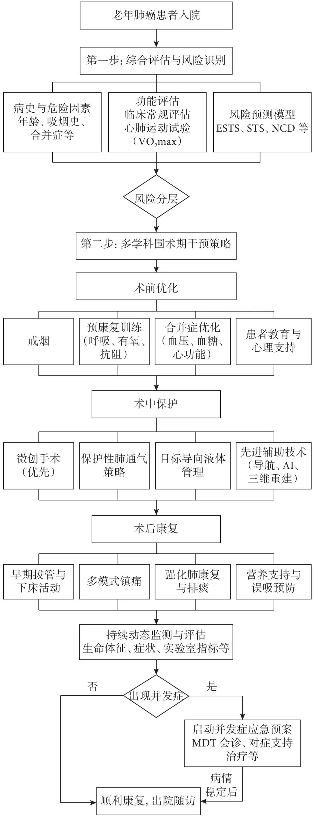 老年肺癌围术期心肺并发症早期识别与干预路径图