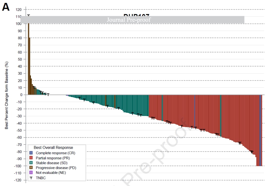 OPTIMAL研究瀑布图：靶病灶变化百分比（口服DHP107对比静脉紫杉醇）