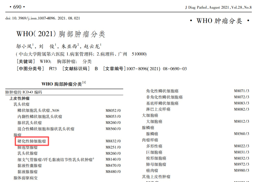 WHO胸部肿瘤分类中硬化性肺细胞瘤的定义及分类标准