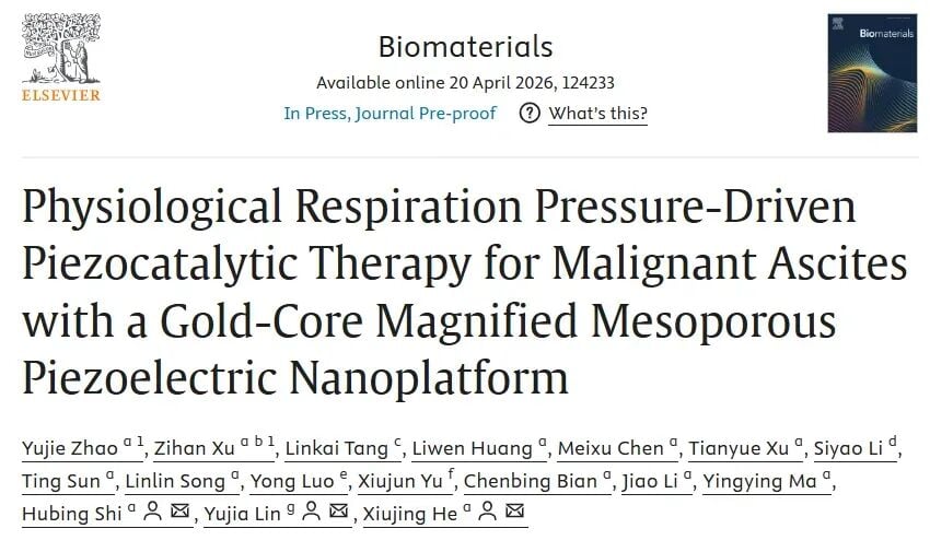 华西医院呼吸驱动压电催化纳米平台AuTB治疗恶性腹水机制图