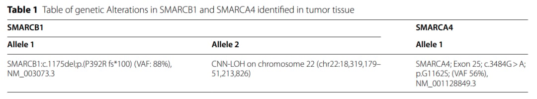 AT/RT肿瘤组织中检出的SMARCB1与SMARCA4基因突变详情表