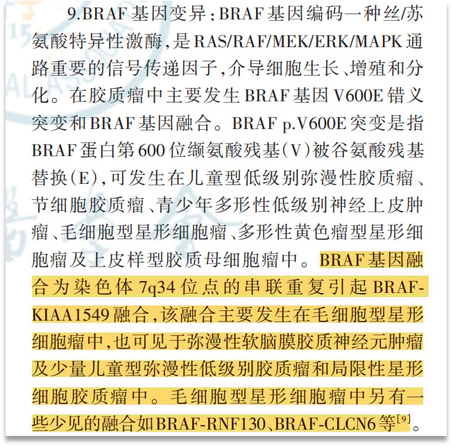 KIAA1549-BRAF融合阳性毛细胞型星形细胞瘤:基因检测、治疗选择及药物获取全攻略 3 胶质瘤分子病理诊断中国专家共识(2025版)中KIAA1549-BRAF融合的描述