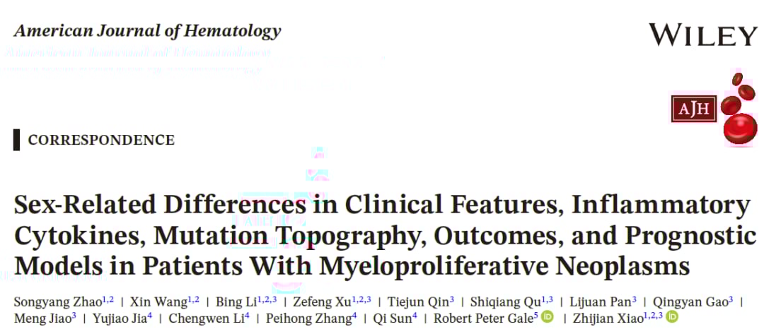 男人更危险?天津血研所揭秘:性别如何决定骨髓肿瘤的生死预后 1 天津血研所MPN性别差异研究流程图