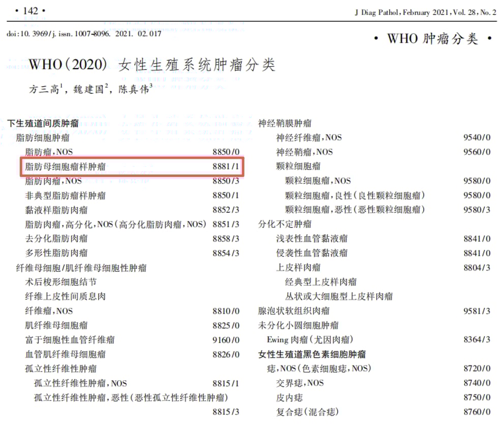 腹股沟肿块虚惊一场?揭秘易被误诊为“肉瘤”的脂肪母细胞瘤样肿瘤 1 WHO(2020)女性生殖系统肿瘤分类中关于脂肪母细胞瘤样肿瘤的标准描述图