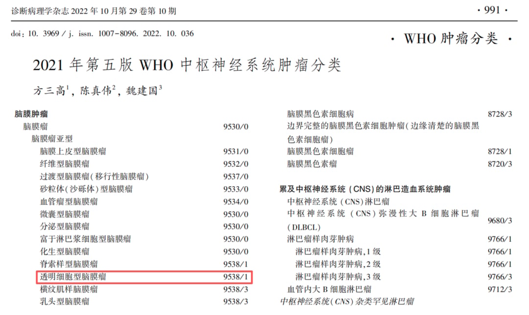 WHO中枢神经系统肿瘤分类中透明细胞脑膜瘤的诊断标准