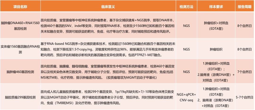 包含PRKCA融合变异的脑肿瘤基因检测项目多维度对比表