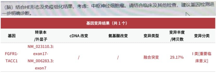 脑肿瘤NGS基因检测报告显示FGFR1-TACC1融合变异