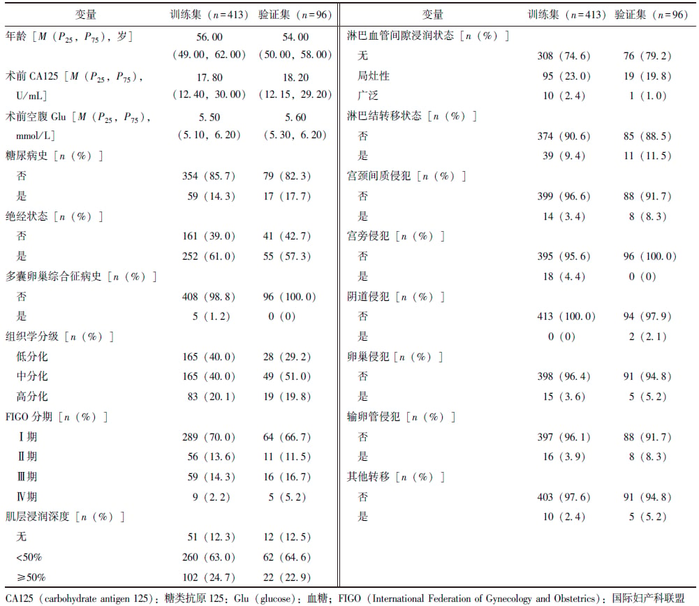 子宫内膜癌患者训练集与验证集基线临床资料统计对比