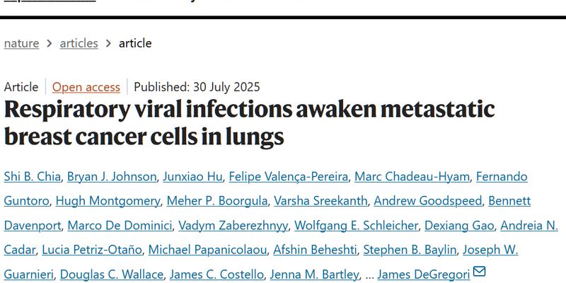 乳腺癌患者警惕：流感或新冠病毒感染或可诱发肺转移