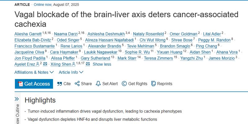癌症恶病质新突破：阻断迷走神经信号可逆转肺癌、胰腺癌致命消耗