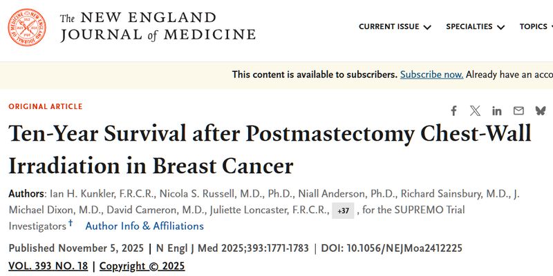 乳腺癌术后一定要放疗吗？NEJM万人研究十年随访给出新答案！