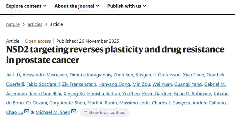 前列腺癌耐药新突破！靶向NSD2可逆转细胞“变身”，恢复恩杂鲁胺疗效