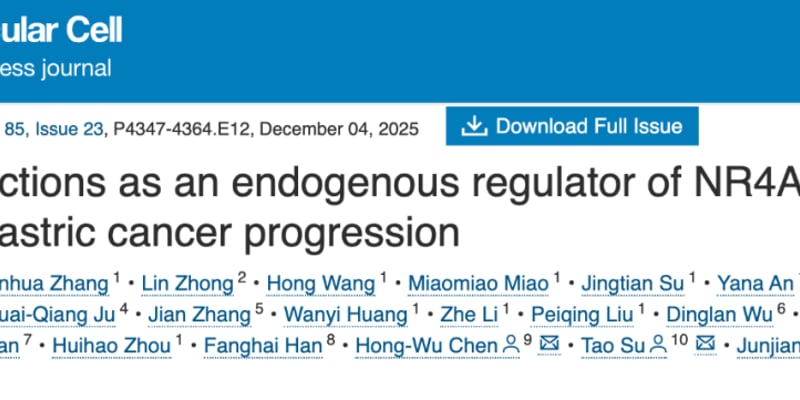 《Molecular Cell》封面研究：揭示胃癌“定海神针”NR4A1，靶向新策略带来治疗新希望
