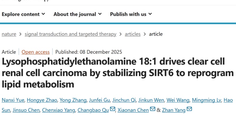 透明细胞肾细胞癌新靶点：LPE18:1驱动肿瘤进展，CAPZA1/SIRT6靶向治疗前景广阔