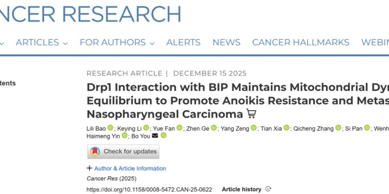 鼻咽癌转移新机制：Drp1/BIP如何调控失巢凋亡抵抗？靶向治疗策略解析