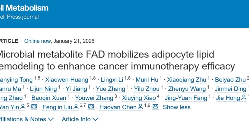 “菌”药双剑合璧？《Cell Metabolism》揭示肠道菌群与脂肪代谢如何增强癌症免疫治疗？
