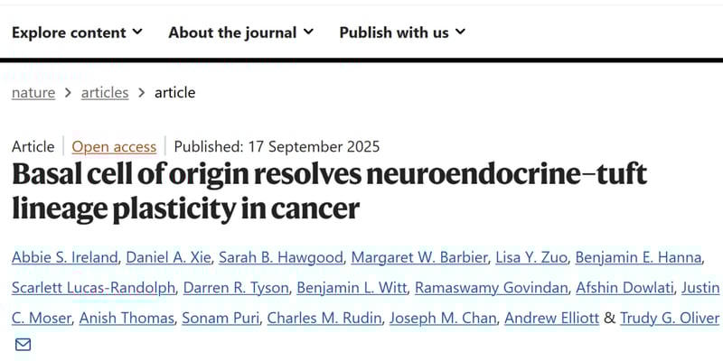 颠覆认知！Nature重磅研究揭示小细胞肺癌（SCLC）真正起源，治疗新希望？