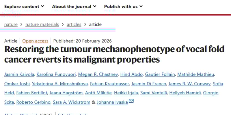 晚期声带癌生存率低至34%？Nature Materials重磅揭示治疗新方向：力学调控与YAP抑制