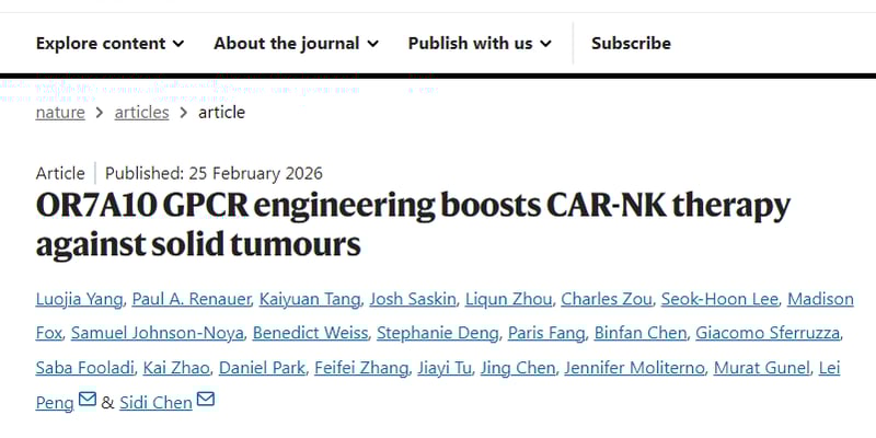 Nature重磅：基因编辑CAR-NK细胞破解实体瘤难题，OR7A10让免疫细胞“满血复活”